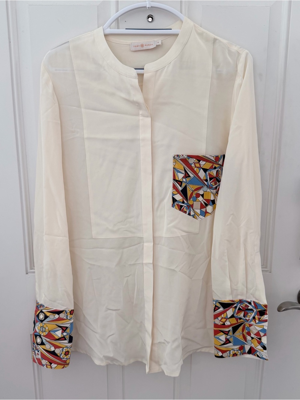 Tory Burch Silk Button-Up Blouse M | Cream Geometric Print